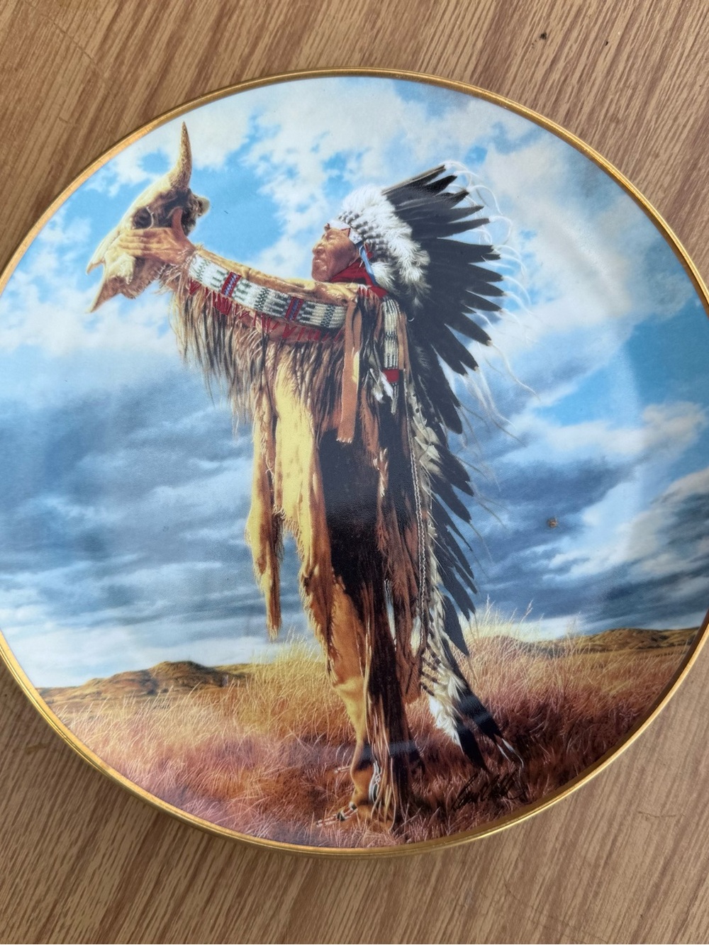 Ceramic Decorative Plate in Blue with Gold Trim - Native Chief Artwork